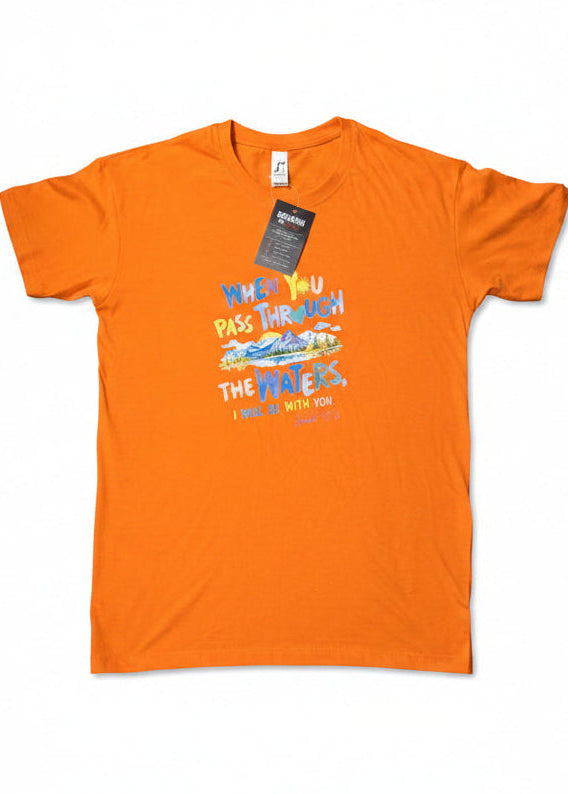 Men's orange faith t-shirt with Breaking The Chains branded tag