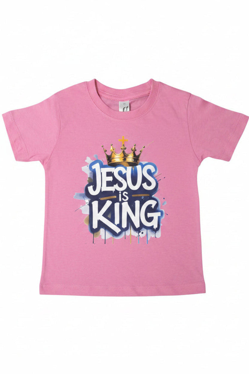 Pink girls' T-shirt with Jesus Is King crown design, front view