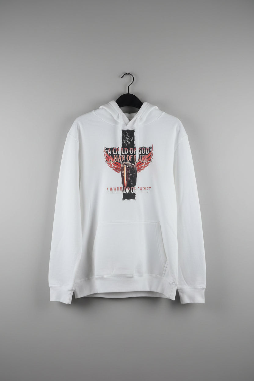 Child of God A Man of Faith A Warrior of Christ white hoodie - front