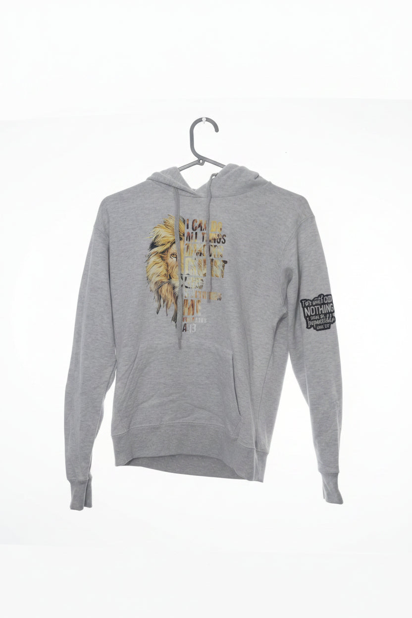 I Can Do All Things Through Christ Hoodie Grey – Front view with lion graphic and scripture print