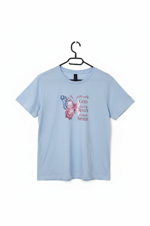 Front view - Blessed by God butterfly graphic T-shirt in light blue