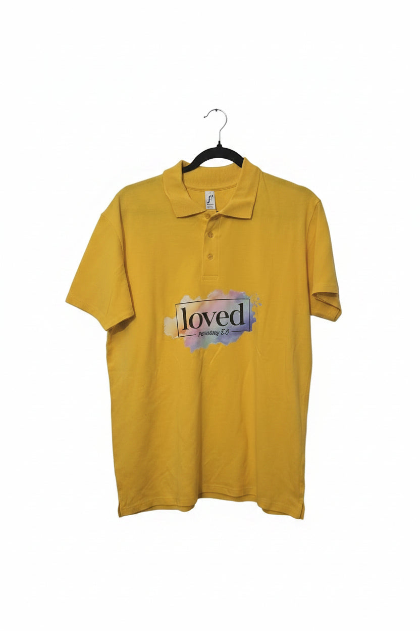 Front view - Loved yellow faith polo shirt men's large
