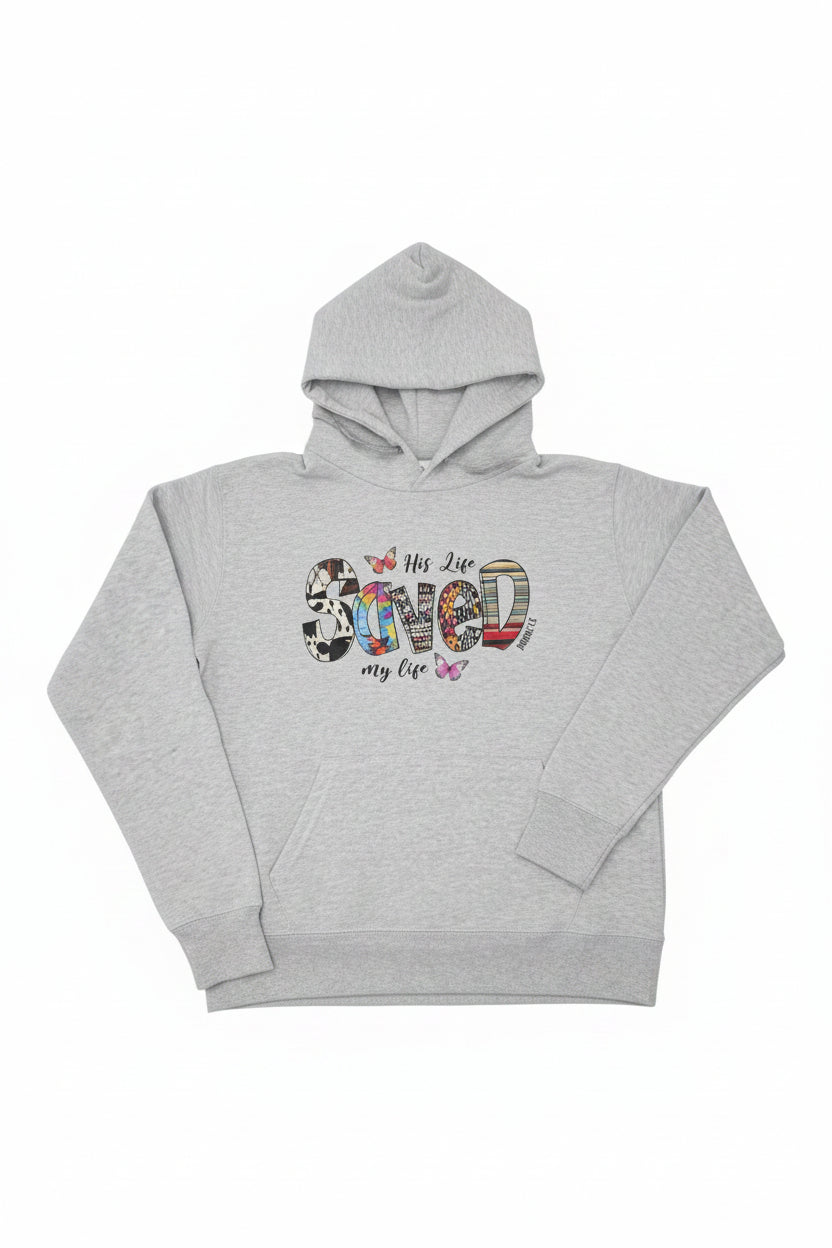 His Life Saved My Life grey women's hoodie – front view