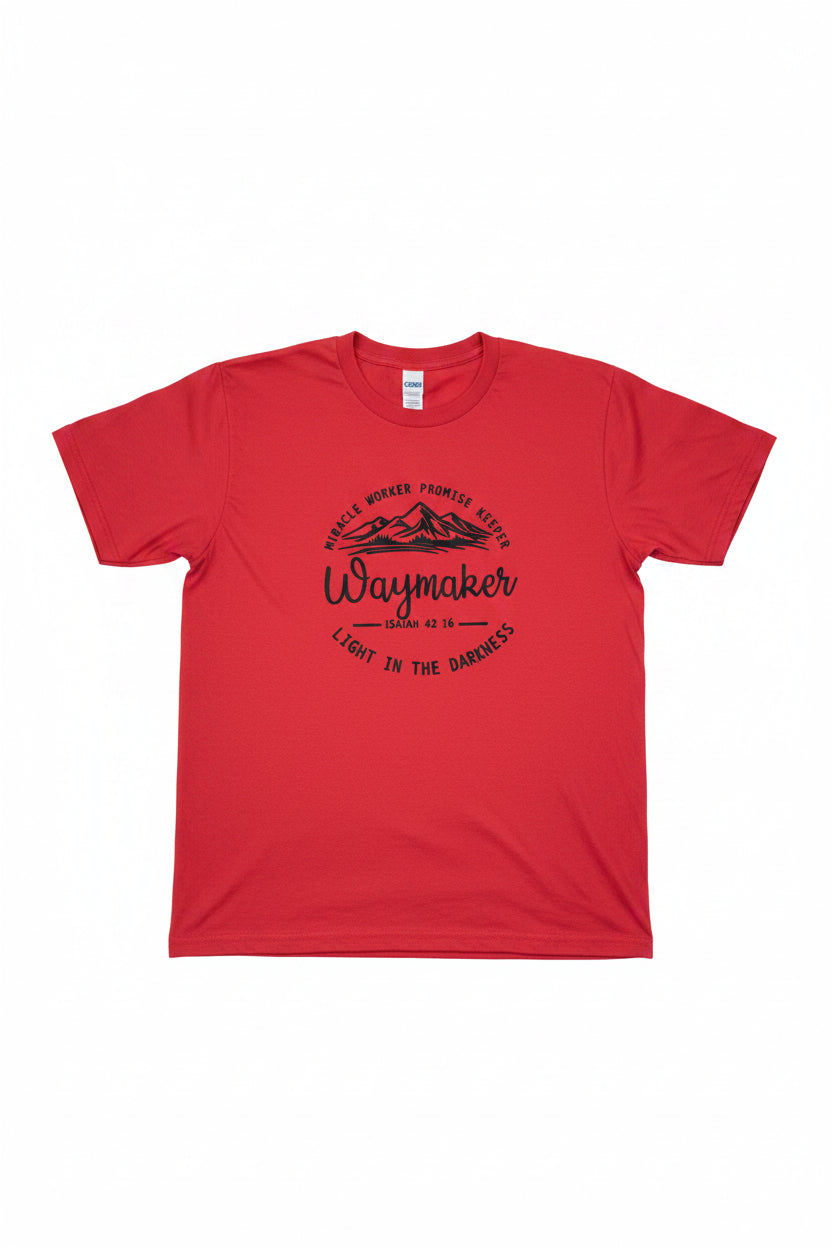 A bright red short-sleeve t-shirt with a dark graphic print on the front reading 'Waxmaker' and 'Waxmaker Family Farm', laid flat on a dark gray textured carpet.