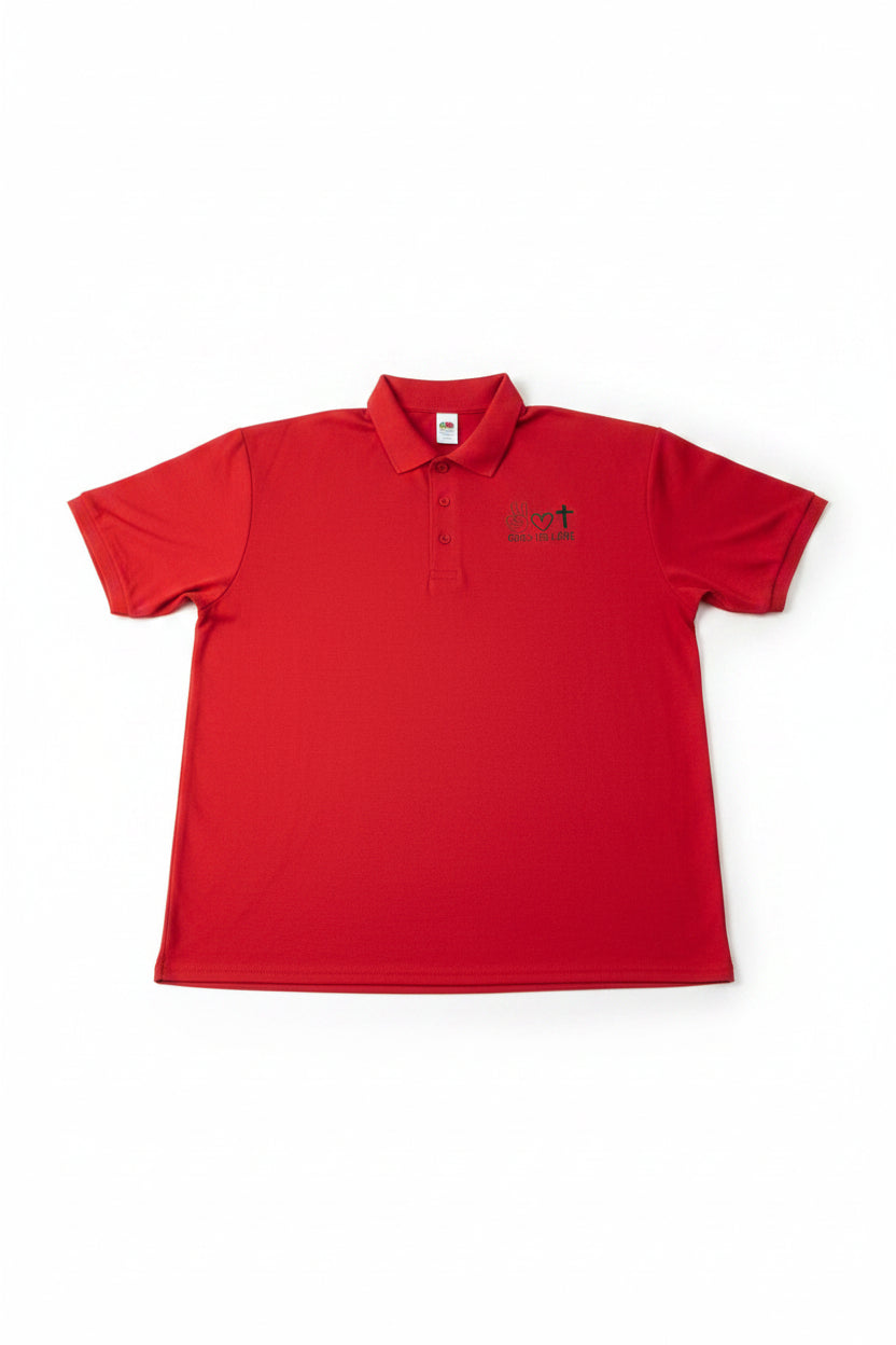 Peace Love Jesus red men's polo shirt – front view