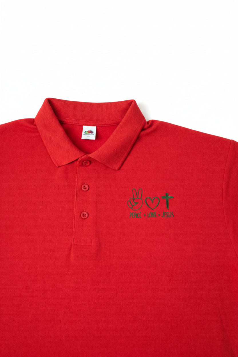 Peace Love Jesus red men's polo shirt – chest logo close-up