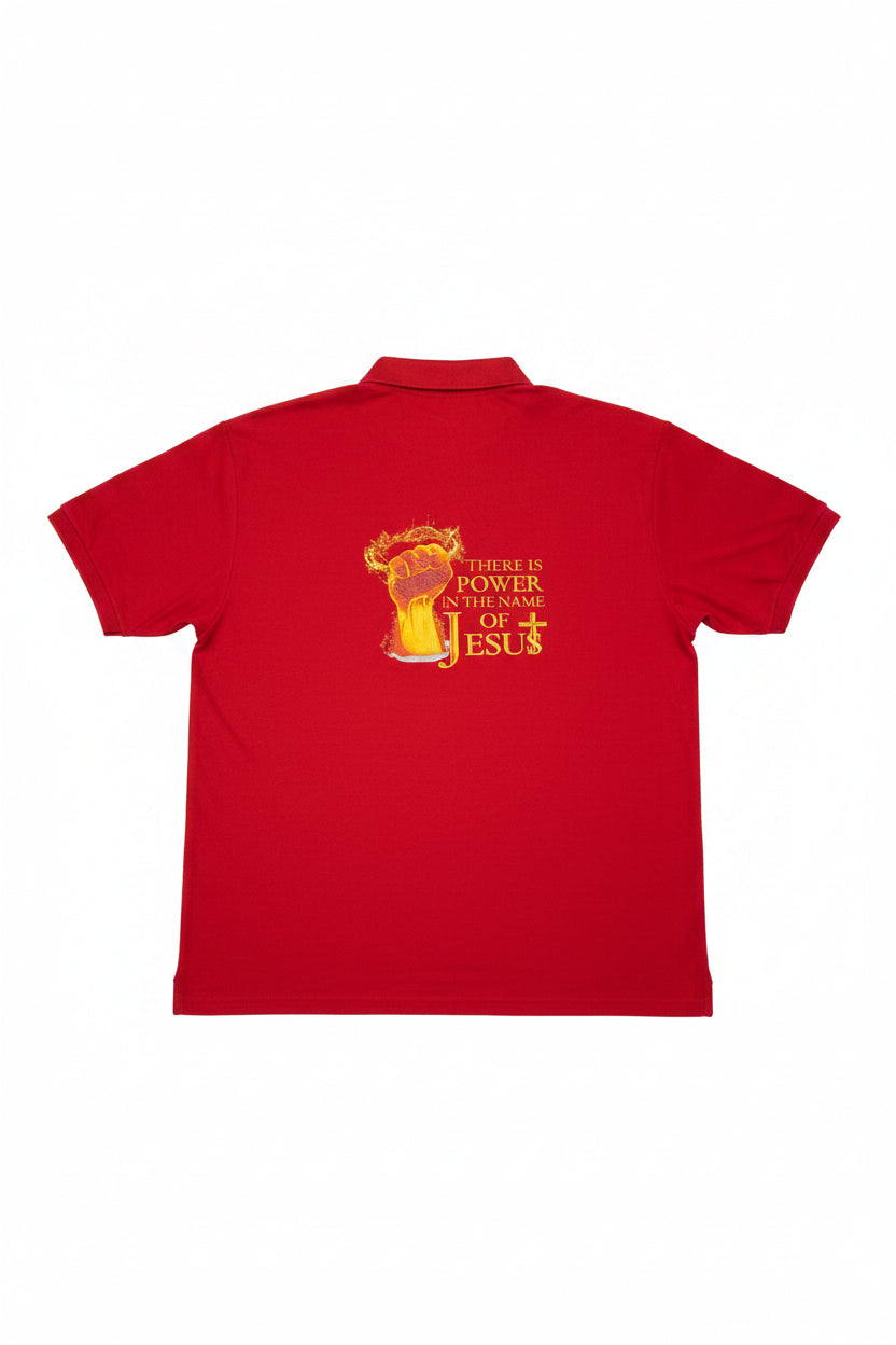 Peace Love Jesus red men's polo shirt – back graphic