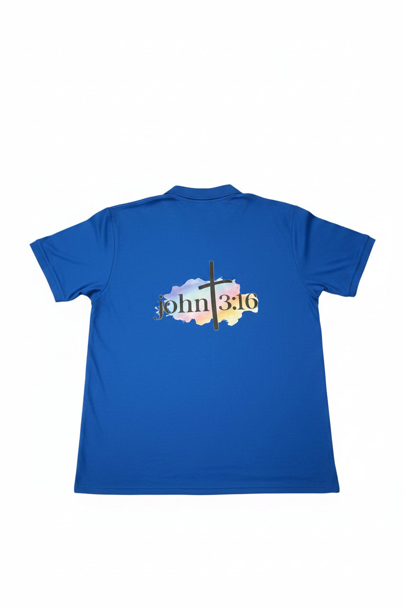 Crowned John 3:16 royal blue men's polo shirt – back view