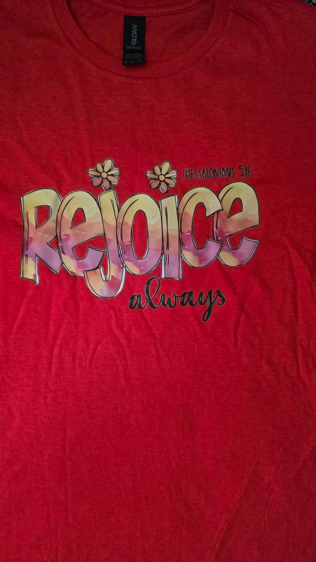 Rejoice Always red women's t-shirt – front graphic close-up: Thessalonians 5:16