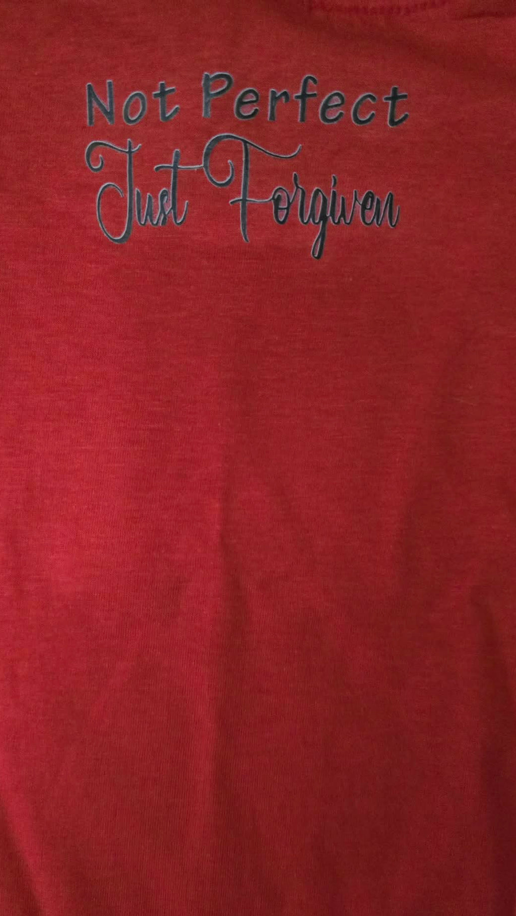 Rejoice Always red women's t-shirt – back text: Not Perfect Just Forgiven
