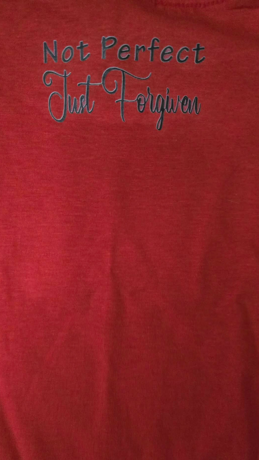 Rejoice Always red women's t-shirt – back text: Not Perfect Just Forgiven