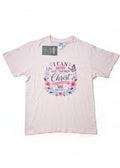 Pale pink girls’ T-shirt with floral Philippians 4:13 Christian print, front view
