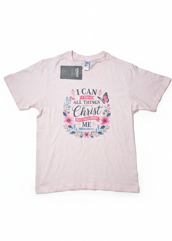 Pale pink girls’ T-shirt with floral Philippians 4:13 Christian print, front view
