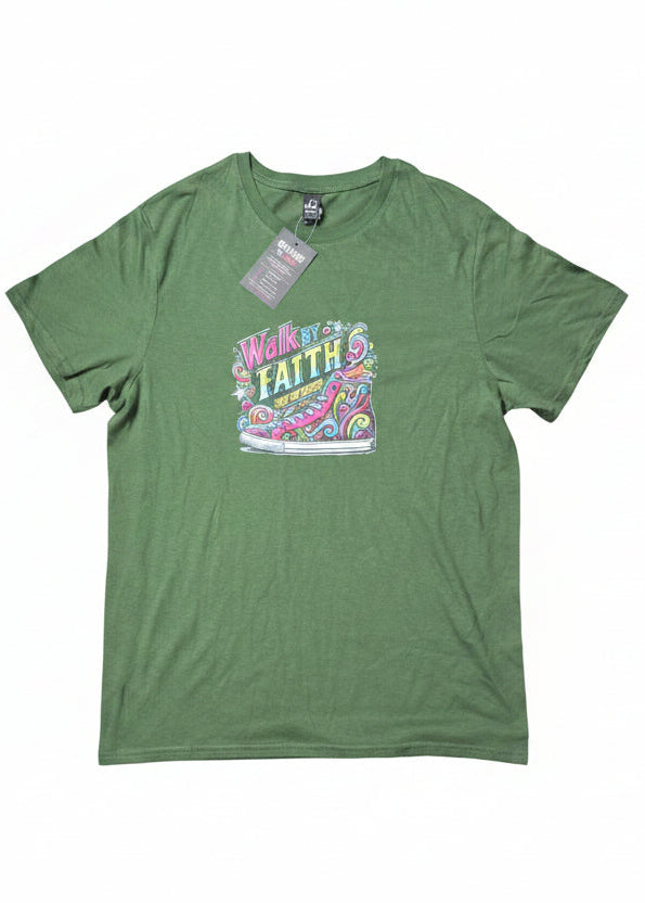 Green men’s T-shirt with colourful trainers graphic and Walk by Faith Not by Sight message, front view
