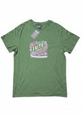 Green men’s T-shirt with colourful trainers graphic and Walk by Faith Not by Sight message, front view