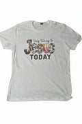 A white short-sleeve t-shirt laid flat on a dark gray textured carpet, featuring a graphic print that reads 'Only Talking To Jesus TODAY' with 'Jesus' filled with a floral pattern.