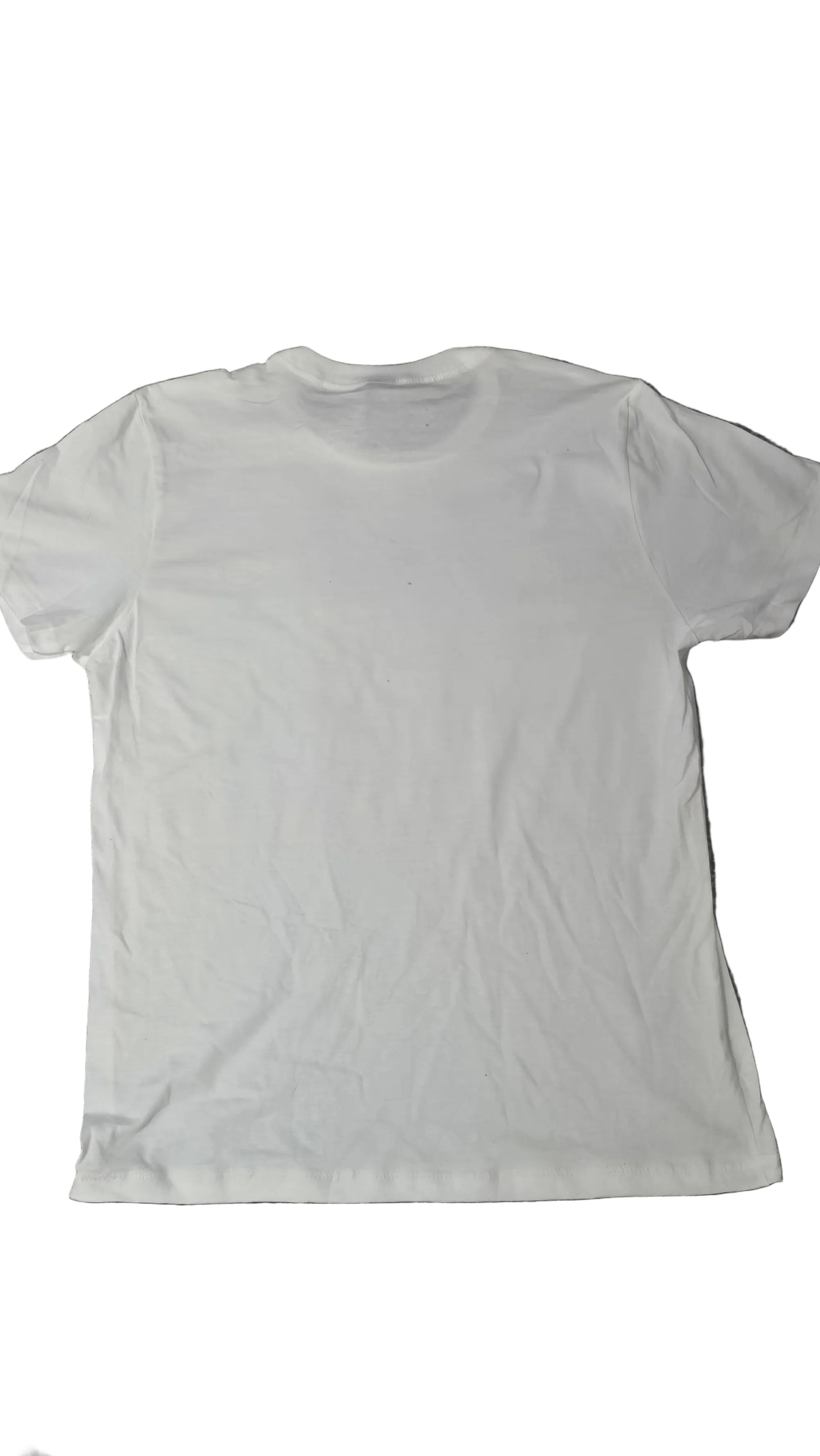 A plain white short-sleeve crewneck t-shirt laid flat on a dark gray textured carpet. The photo is taken from above, with parts of shoes visible at the bottom corners, and a camera model watermark in the lower-left corner.