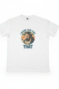 White t-shirt with a colorful graphic design on a white background