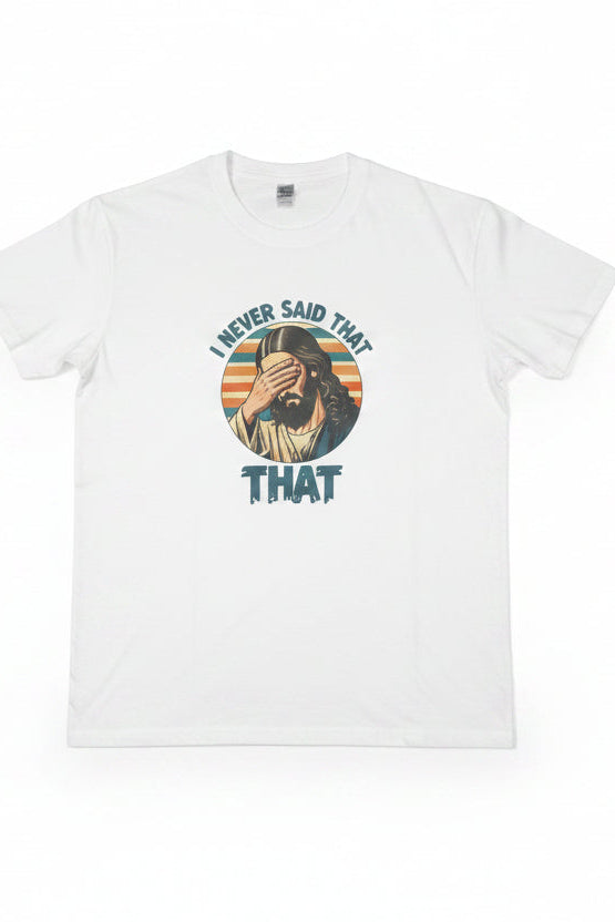 White t-shirt with a colorful graphic design on a white background