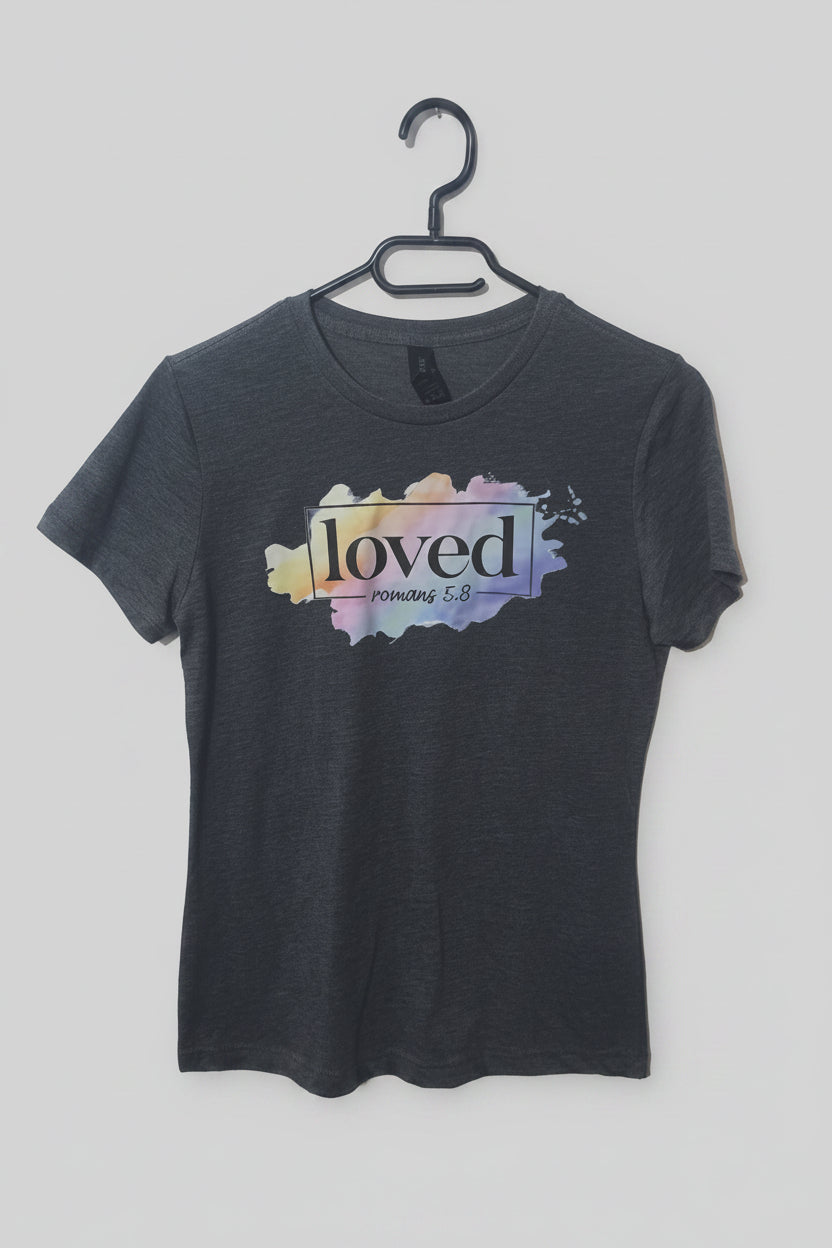 Loved Romans 5:8 women's grey t-shirt - front
