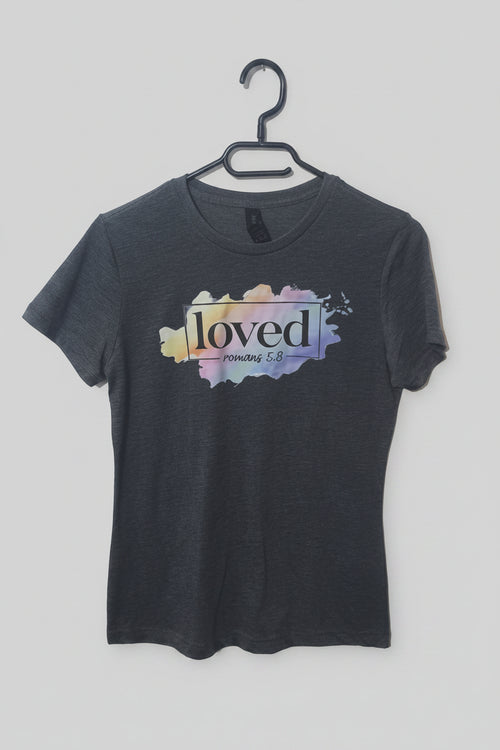 Loved Romans 5:8 women's grey t-shirt - front